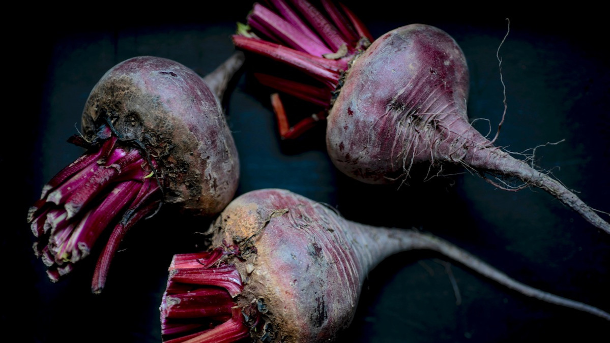 Frische Rote Bete auf dunklem Hintergrund als Symbol für Durchblutung und Fruchtbarkeit beim Kinderwunsch