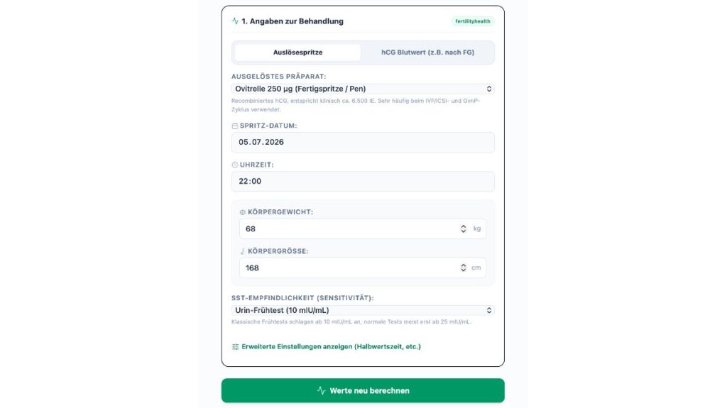 Screenshot des hCG-Anstieg-Rechners zur Berechnung der Verdopplungszeit in der Frühschwangerschaft